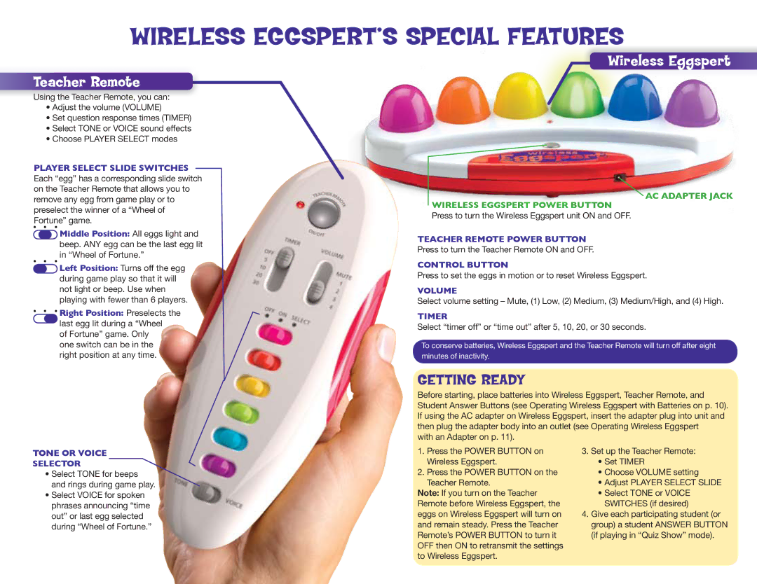 Educational Insights EI-7881 manual Wireless EGGSPERT’S Special Features, Getting Ready 