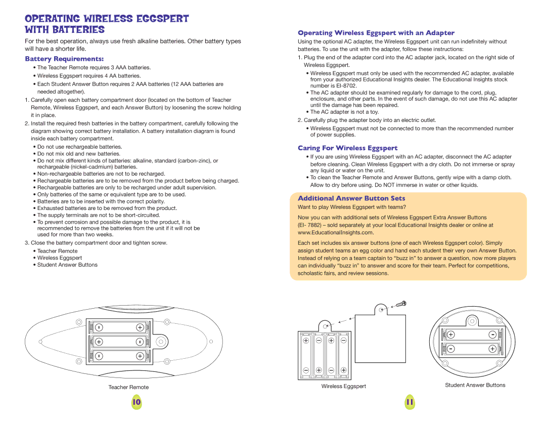 Educational Insights EI-7881 manual Operating Wireless Eggspert with Batteries, Battery Requirements 