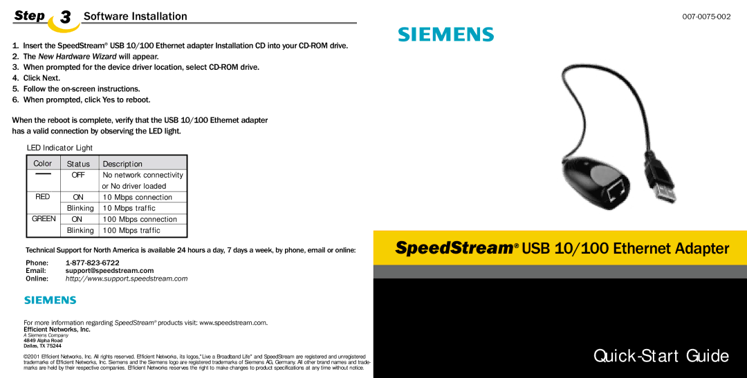 Efficient Networks 007-0075-002 quick start Quick-Start Guide, Software Installation, New Hardware Wizard will appear, Red 