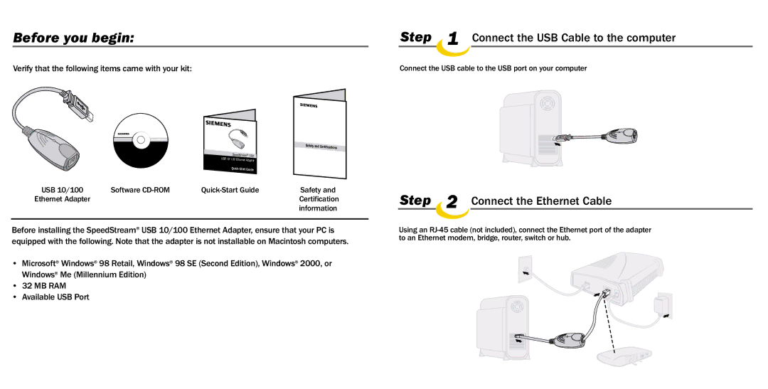 Efficient Networks 007-0075-002 Before you begin, Connect the USB Cable to the computer, Connect the Ethernet Cable 