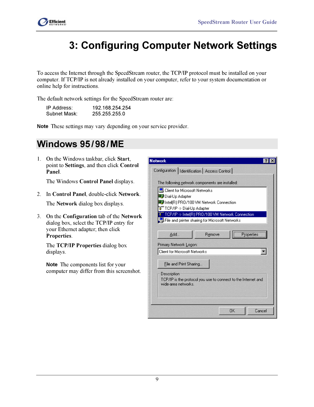 Efficient Networks 5100 Series manual Configuring Computer Network Settings, Windows 95 / 98 / ME 