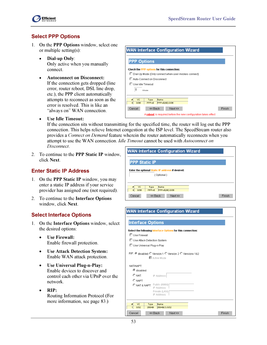 Efficient Networks 5100 Series manual Select PPP Options, Enter Static IP Address 