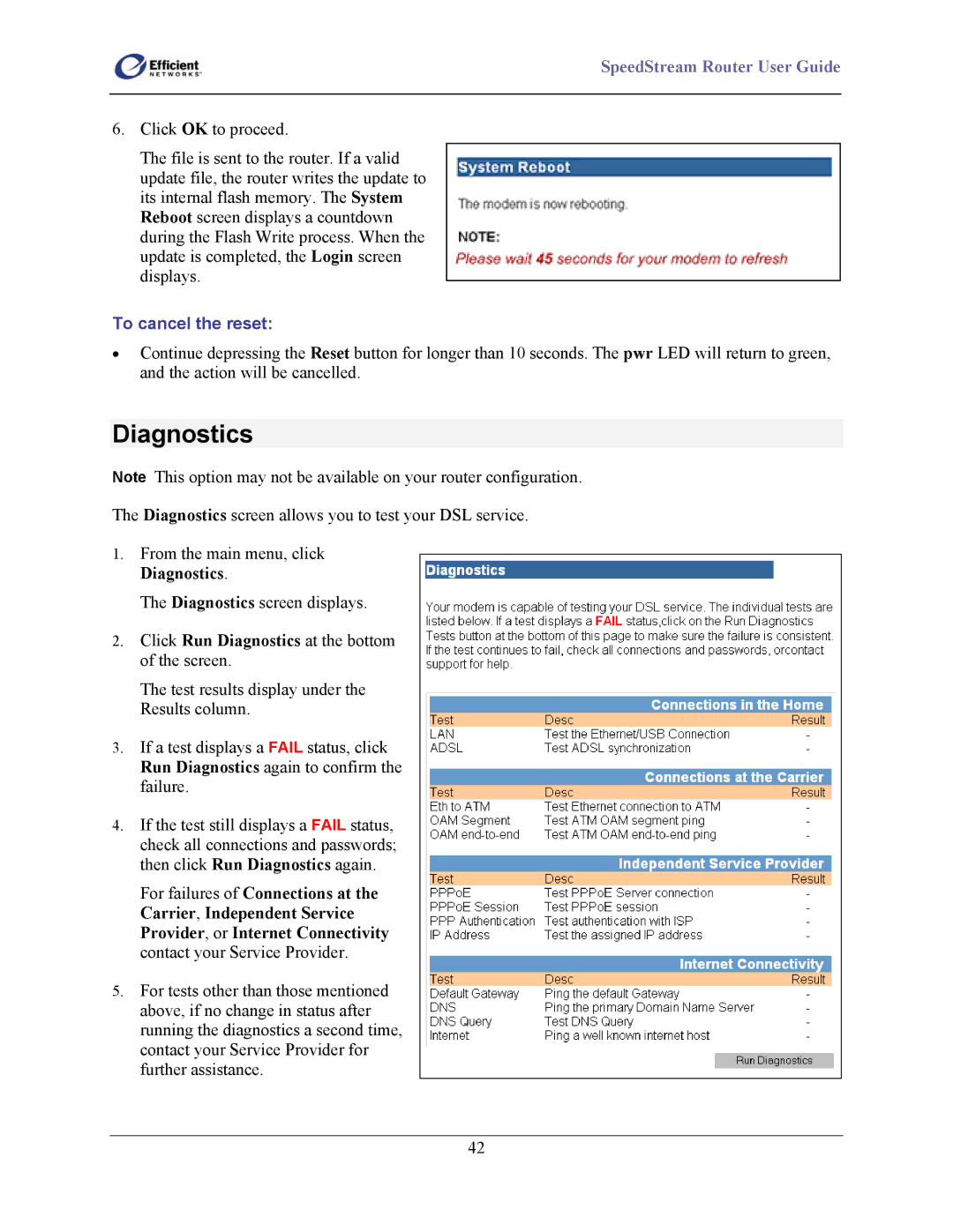 Efficient Networks 5200 Series, 5500 Series To cancel the reset, Click Run Diagnostics at the bottom of the screen 