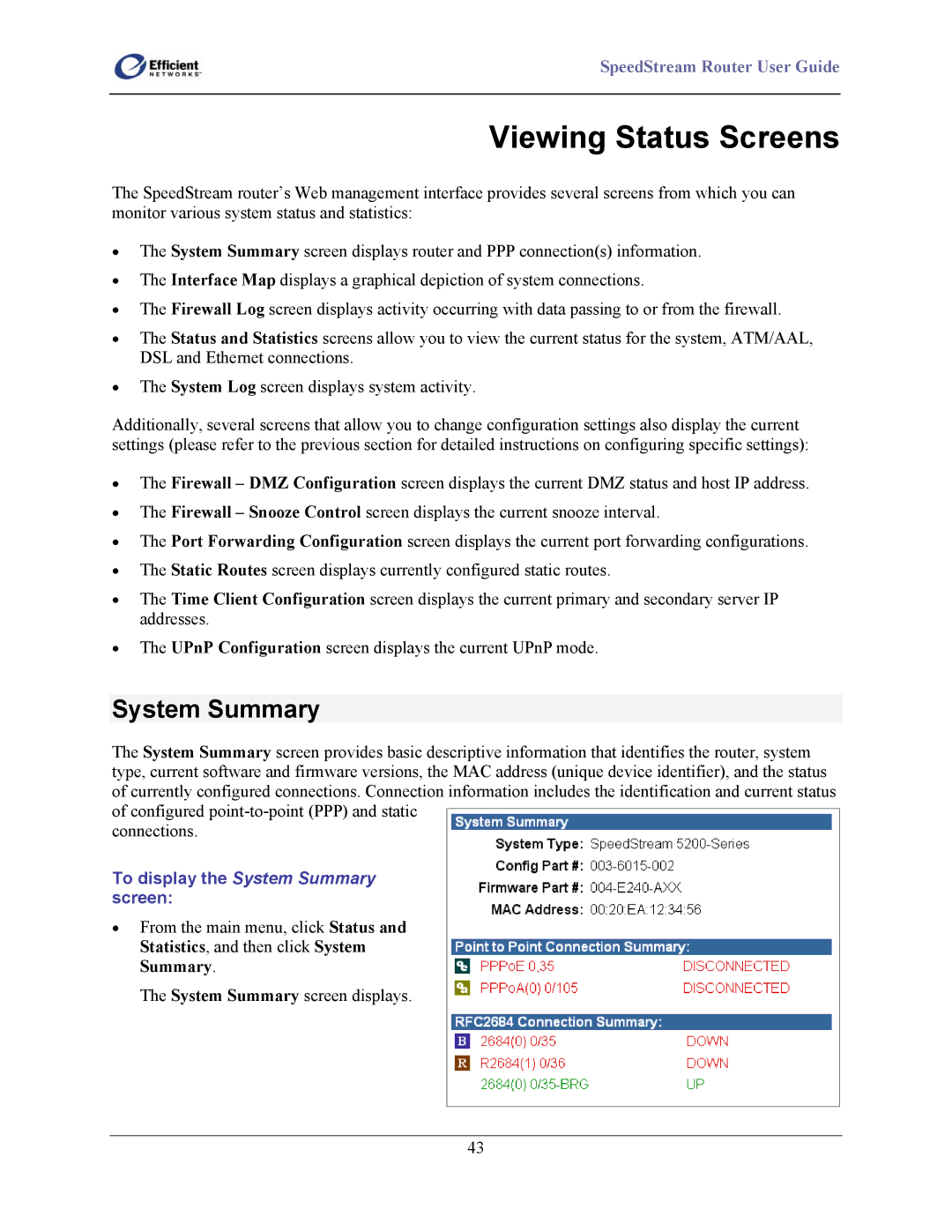 Efficient Networks 5500 Series, 5400 Series, 5200 Series manual Viewing Status Screens, System Summary 