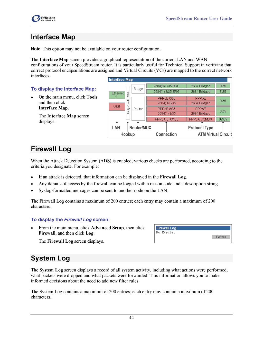 Efficient Networks 5400 Series Firewall Log, To display the Interface Map, Interface Map Interface Map screen displays 