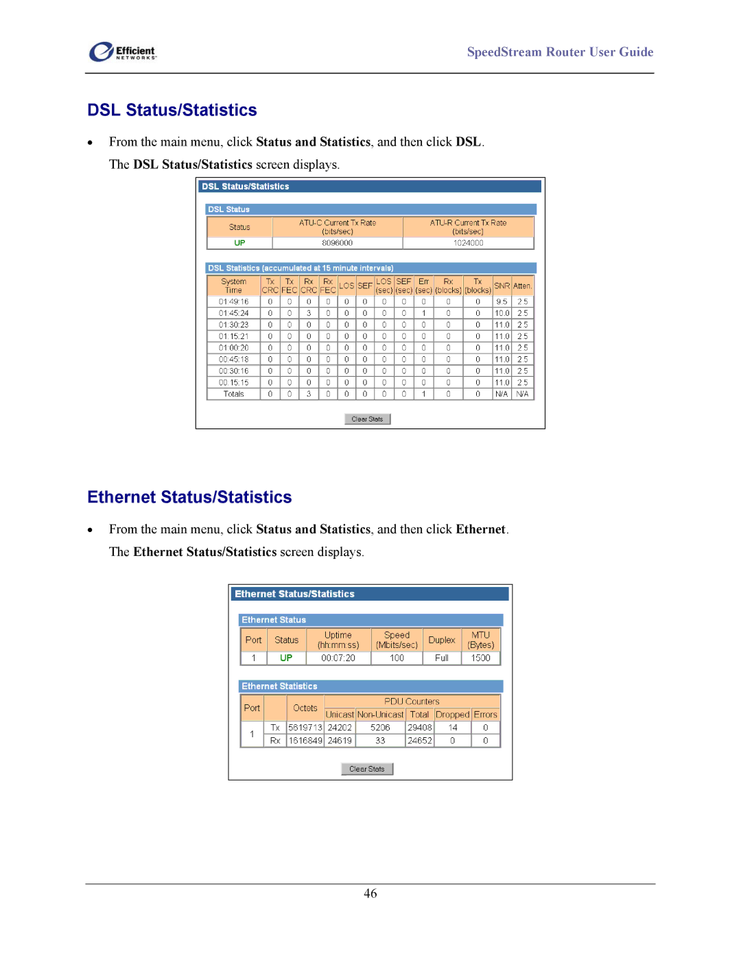 Efficient Networks 5500 Series, 5400 Series, 5200 Series manual DSL Status/Statistics, Ethernet Status/Statistics 