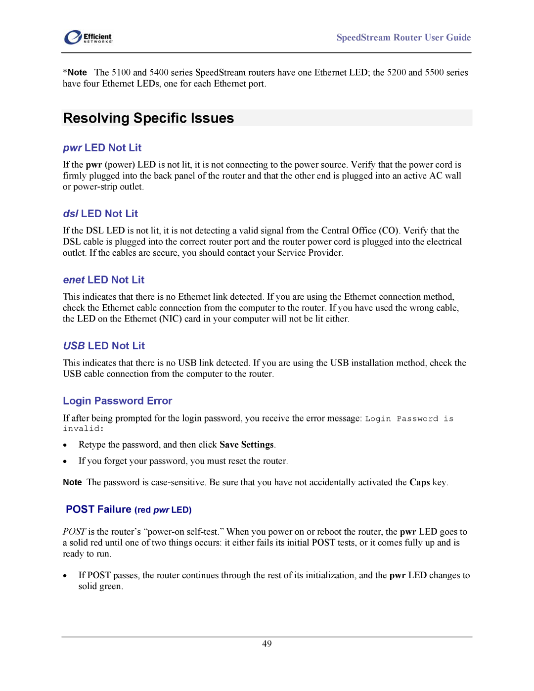 Efficient Networks 5500 Series, 5400 Series, 5200 Series manual Resolving Specific Issues, Pwr LED Not Lit 