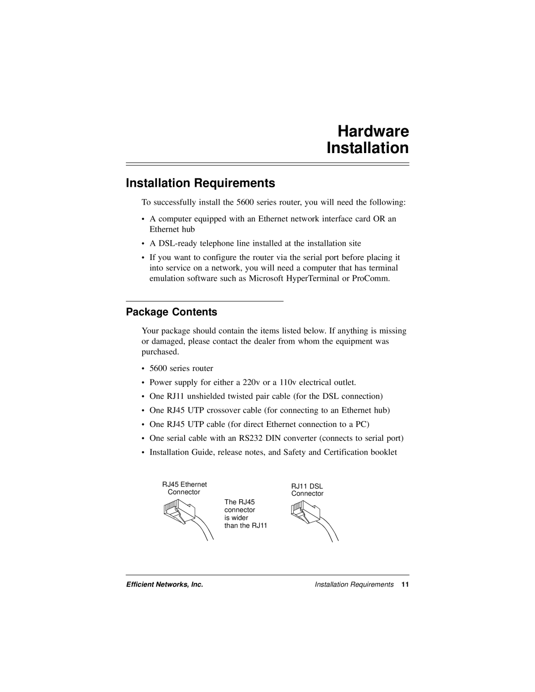 Efficient Networks 5600 Series manual Hardware Installation, Installation Requirements, Package Contents 