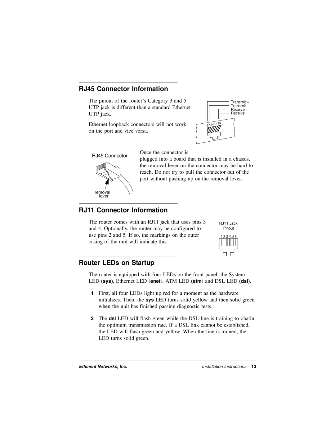 Efficient Networks 5600 Series manual RJ45 Connector Information, RJ11 Connector Information, Router LEDs on Startup 