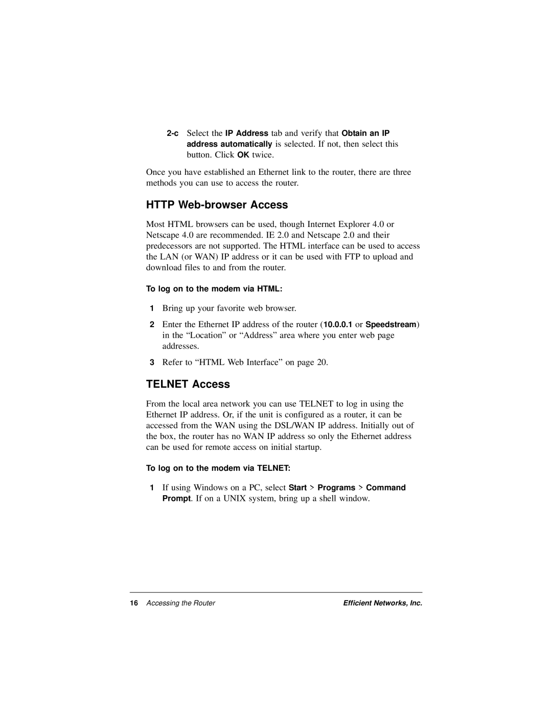 Efficient Networks 5600 Series manual Http Web-browser Access, Telnet Access 