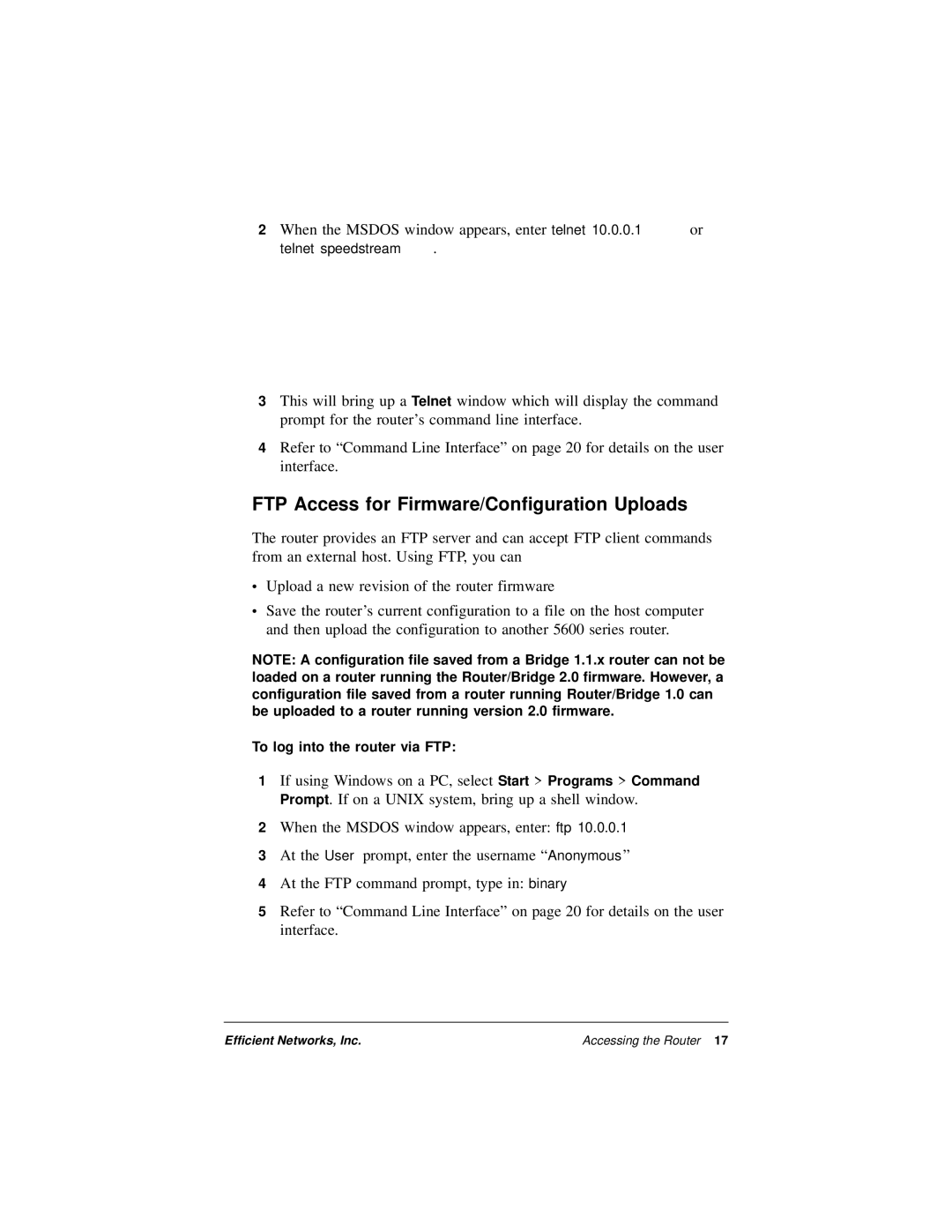 Efficient Networks 5600 Series manual FTP Access for Firmware/Configuration Uploads 