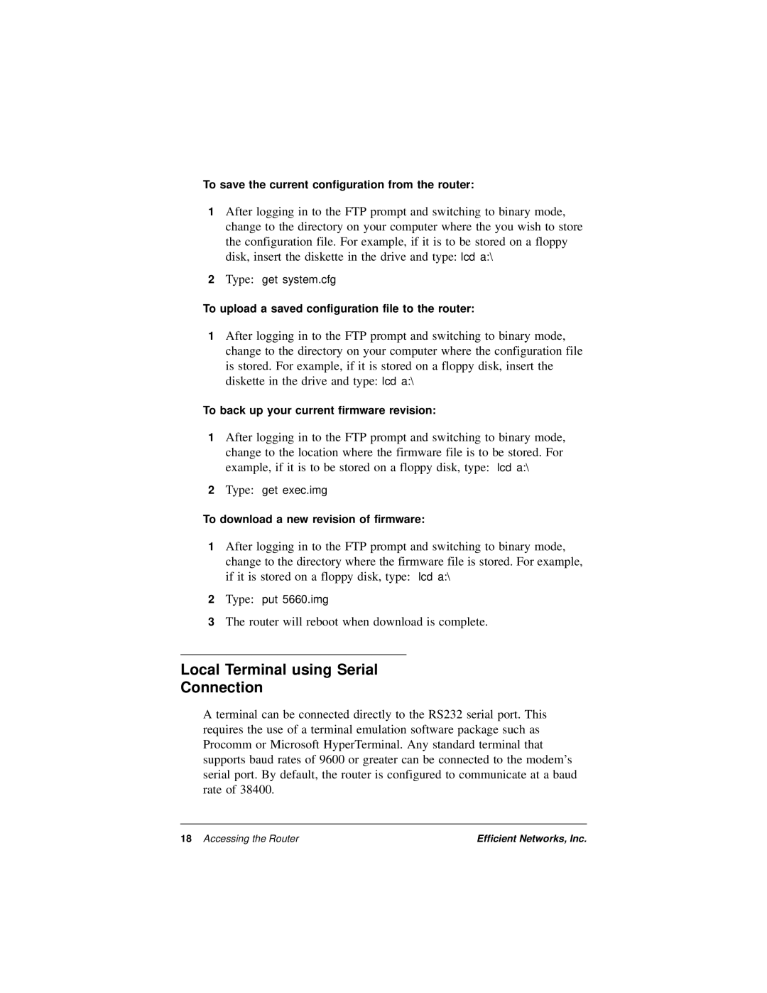 Efficient Networks 5600 Series manual Local Terminal using Serial Connection 