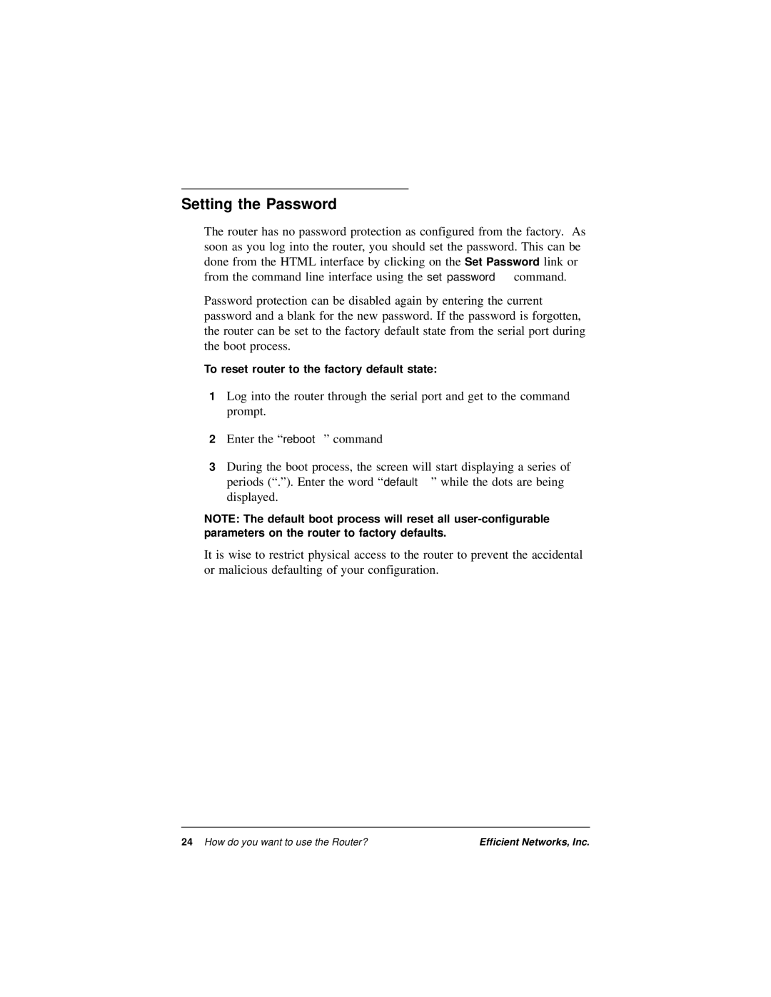 Efficient Networks 5600 Series manual Setting the Password 