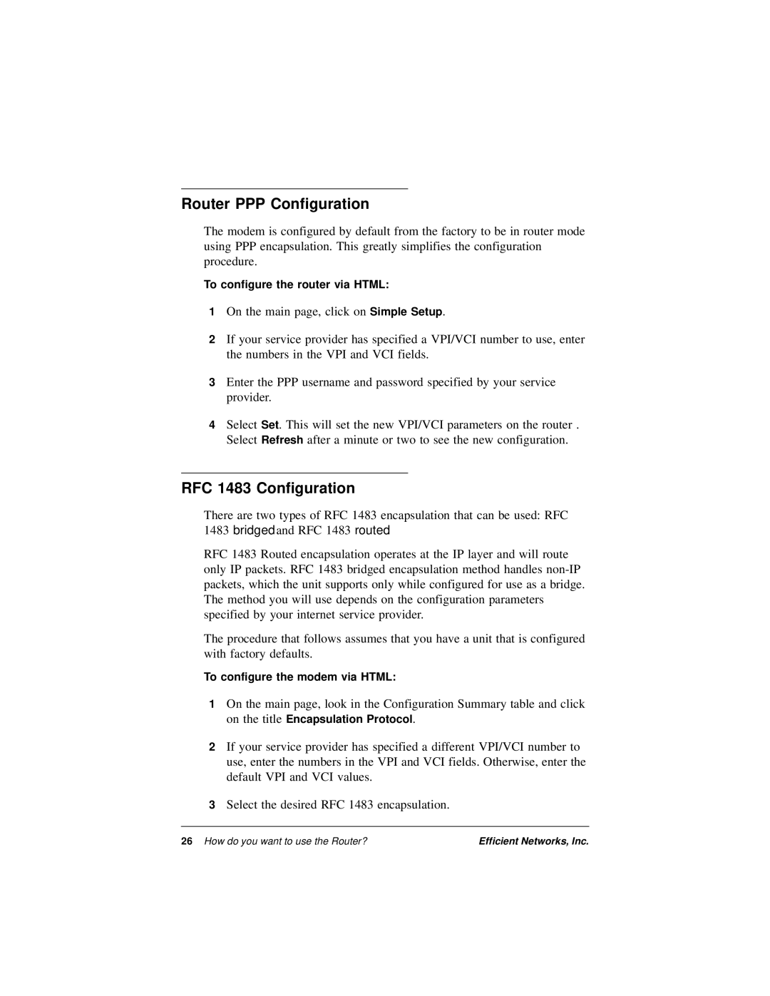 Efficient Networks 5600 Series manual Router PPP Configuration, RFC 1483 Configuration 