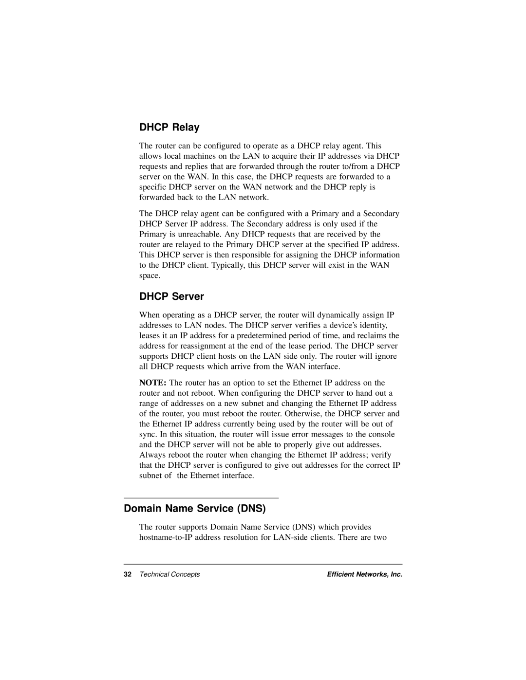 Efficient Networks 5600 Series manual Dhcp Relay, Dhcp Server, Domain Name Service DNS 