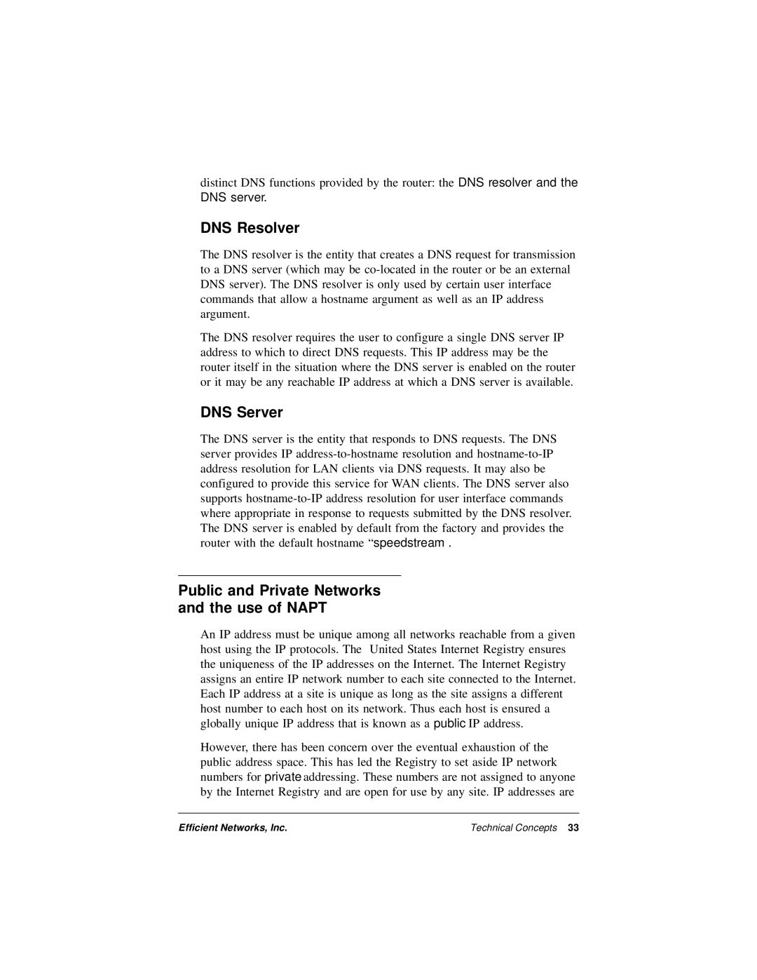 Efficient Networks 5600 Series manual DNS Resolver, DNS Server, Public and Private Networks and the use of Napt 