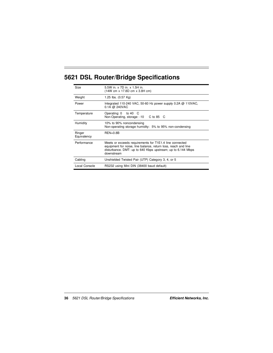 Efficient Networks 5600 Series manual 36 5621 DSL Router/Bridge Specifications 