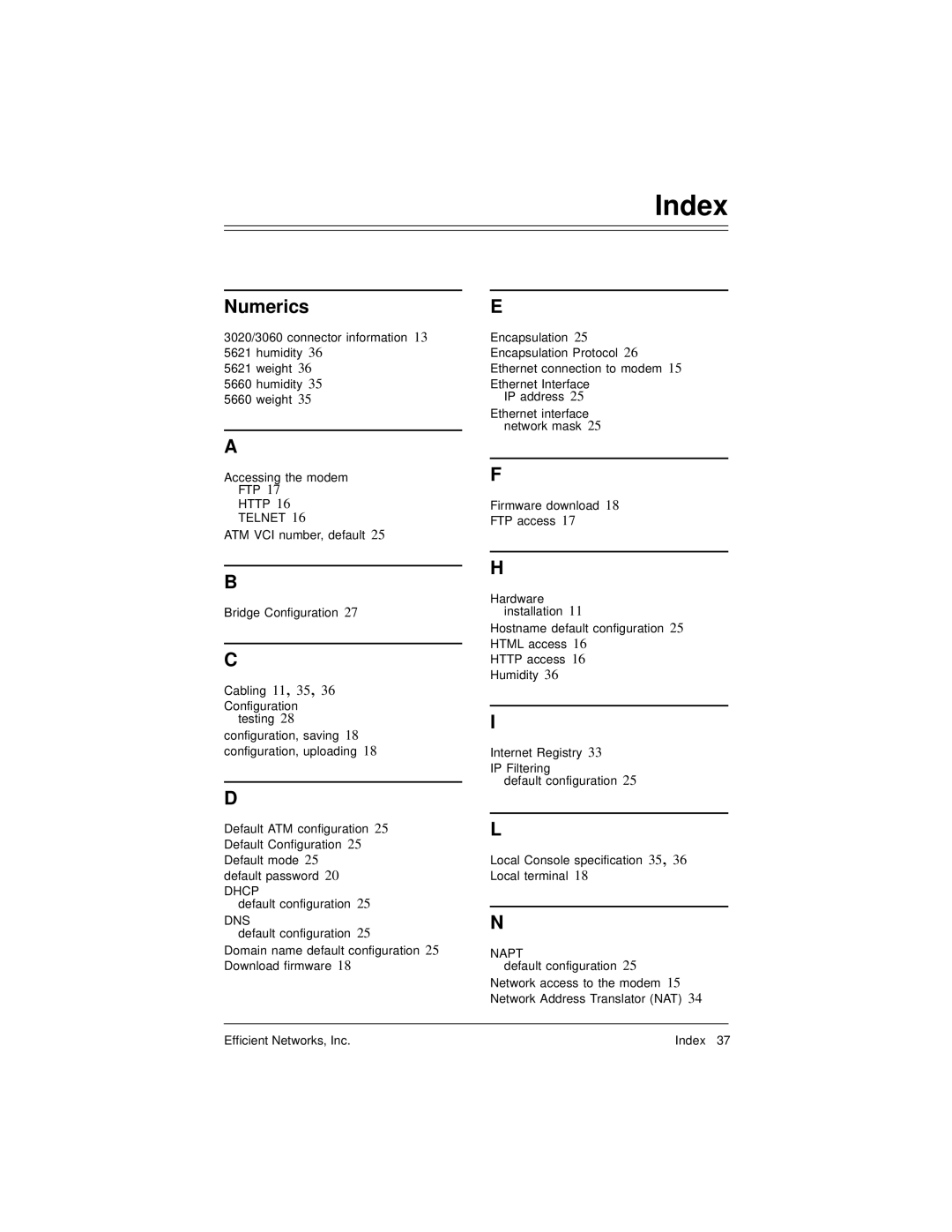 Efficient Networks 5600 Series manual Index, Numerics 