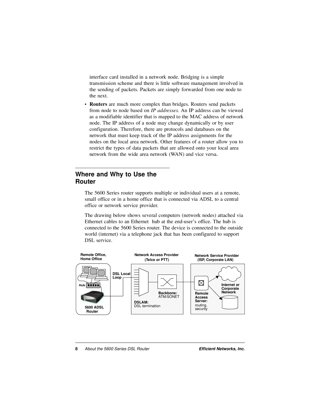 Efficient Networks 5600 Series manual Where and Why to Use Router, Dslam 