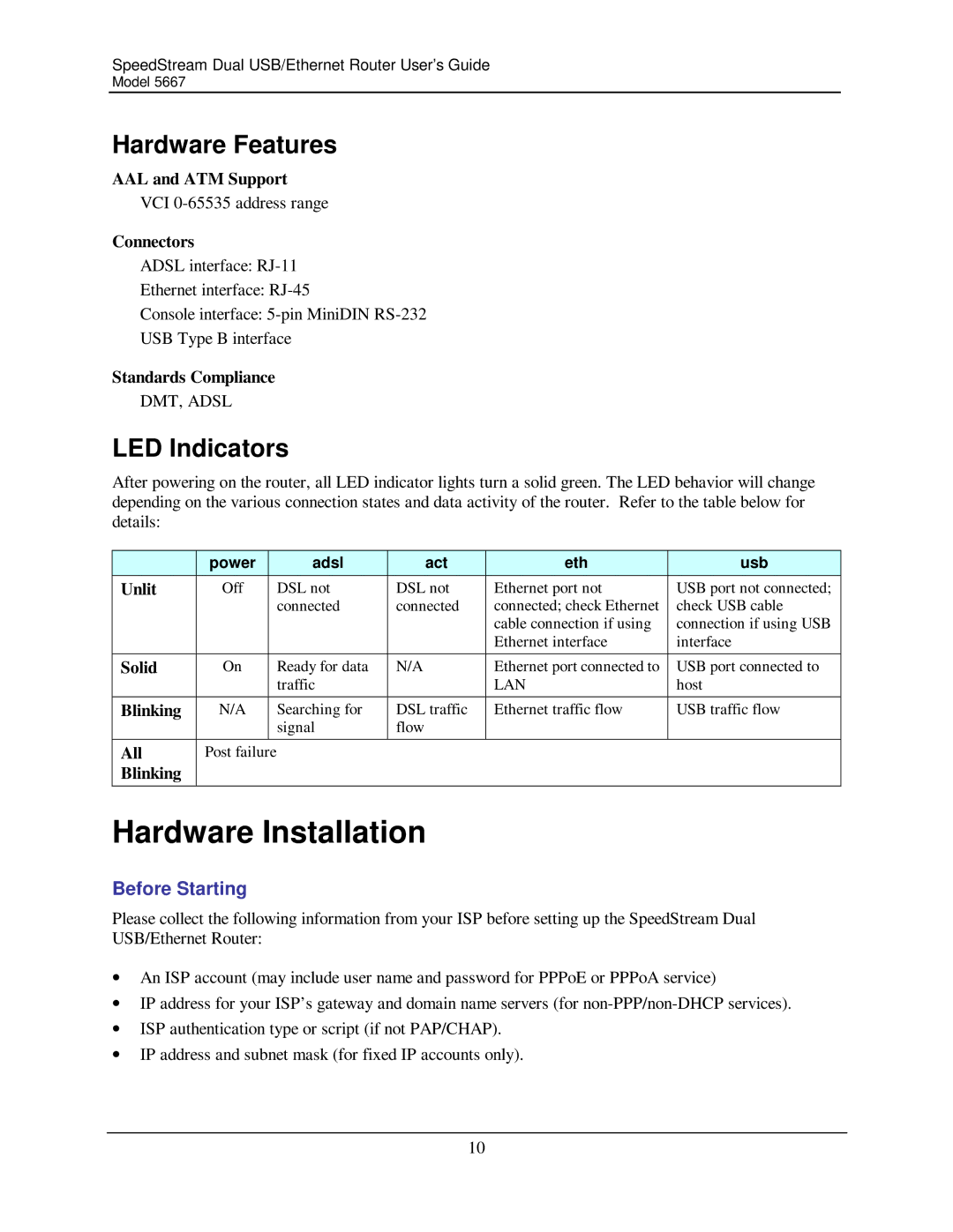 Efficient Networks 5667 manual Hardware Installation, Hardware Features, LED Indicators, Before Starting 