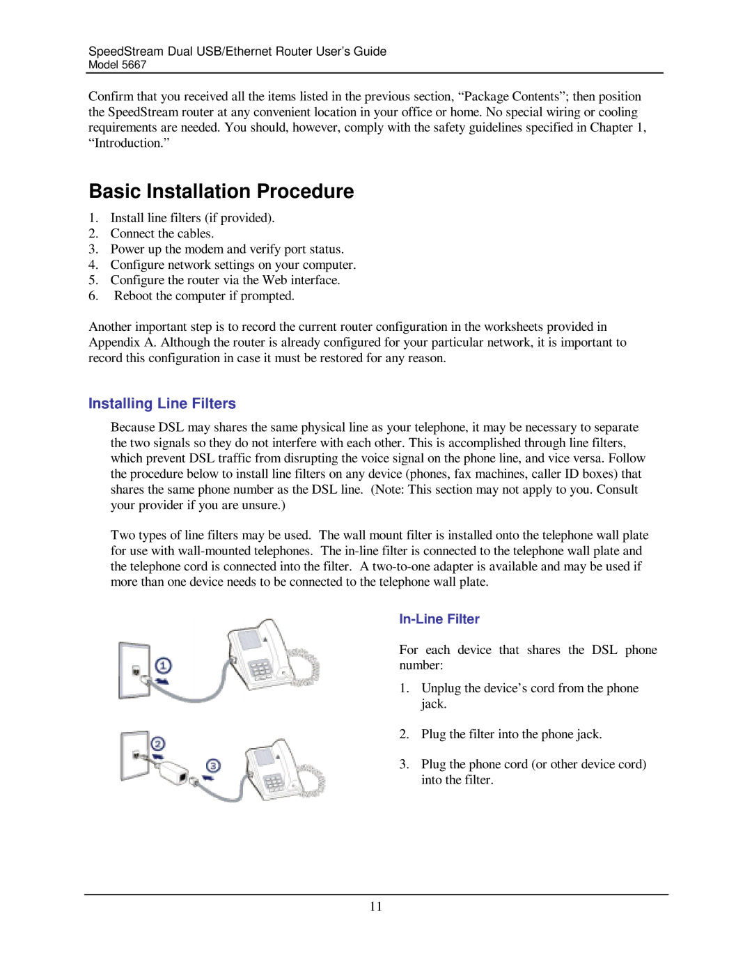 Efficient Networks 5667 manual Basic Installation Procedure, Installing Line Filters, In-Line Filter 