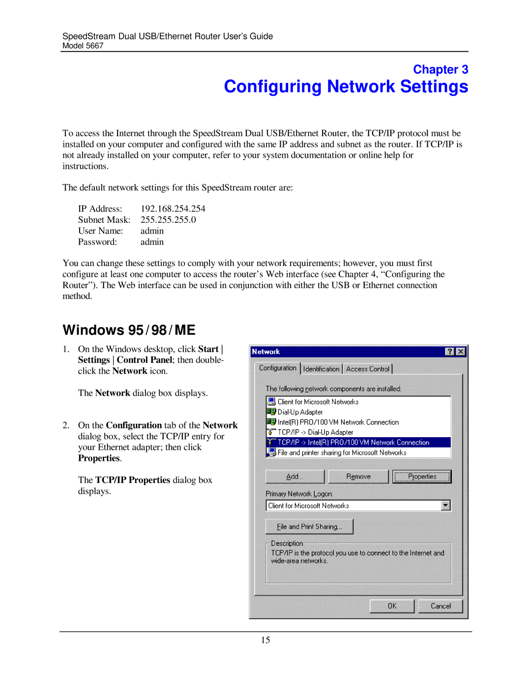 Efficient Networks 5667 manual Configuring Network Settings, Windows 95 / 98 / ME 