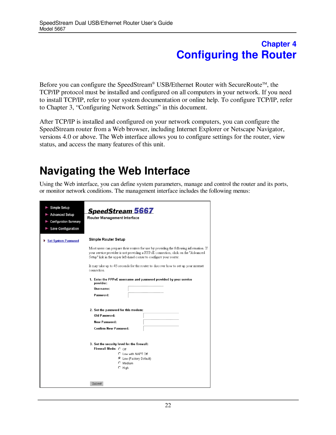 Efficient Networks 5667 manual Configuring the Router, Navigating the Web Interface 