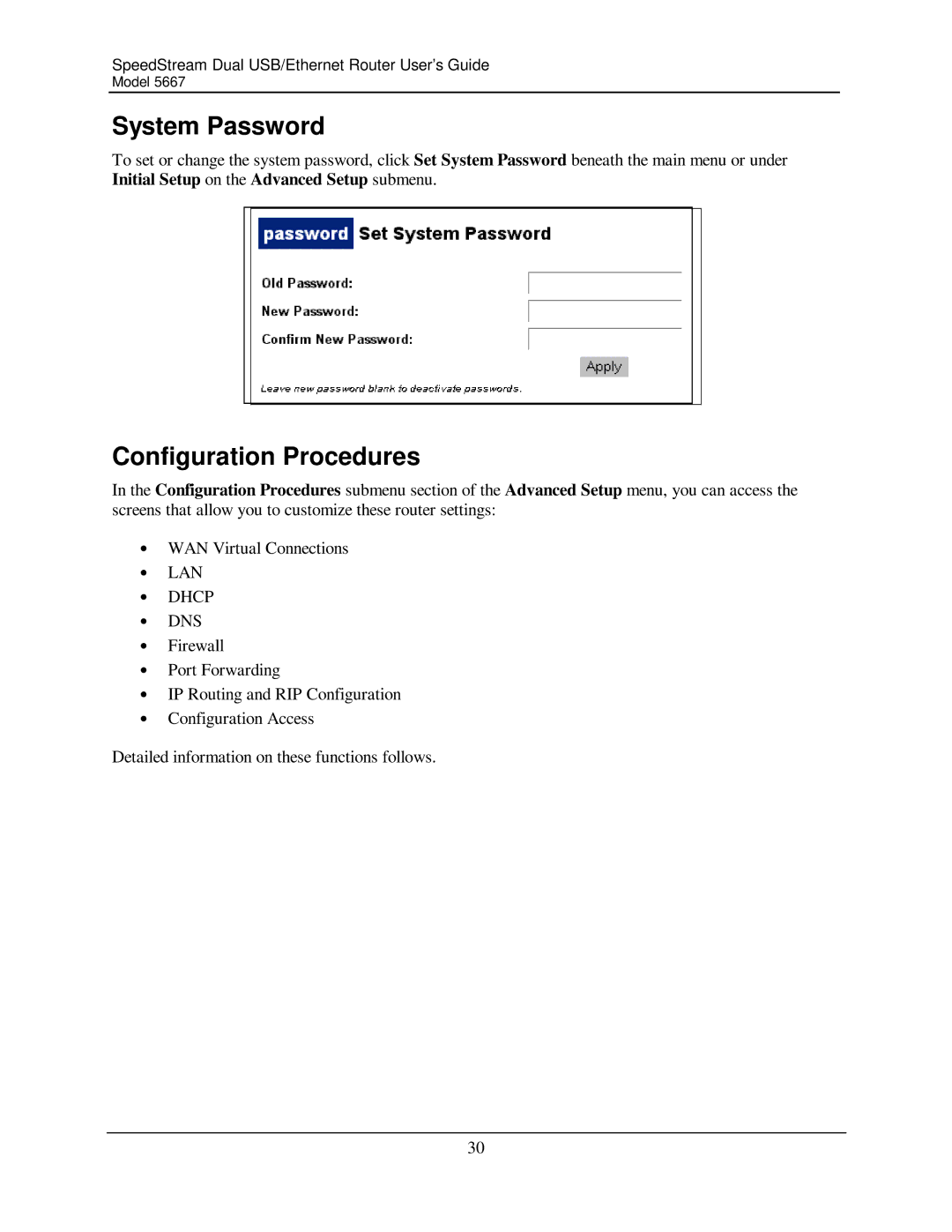 Efficient Networks 5667 manual System Password, Configuration Procedures 