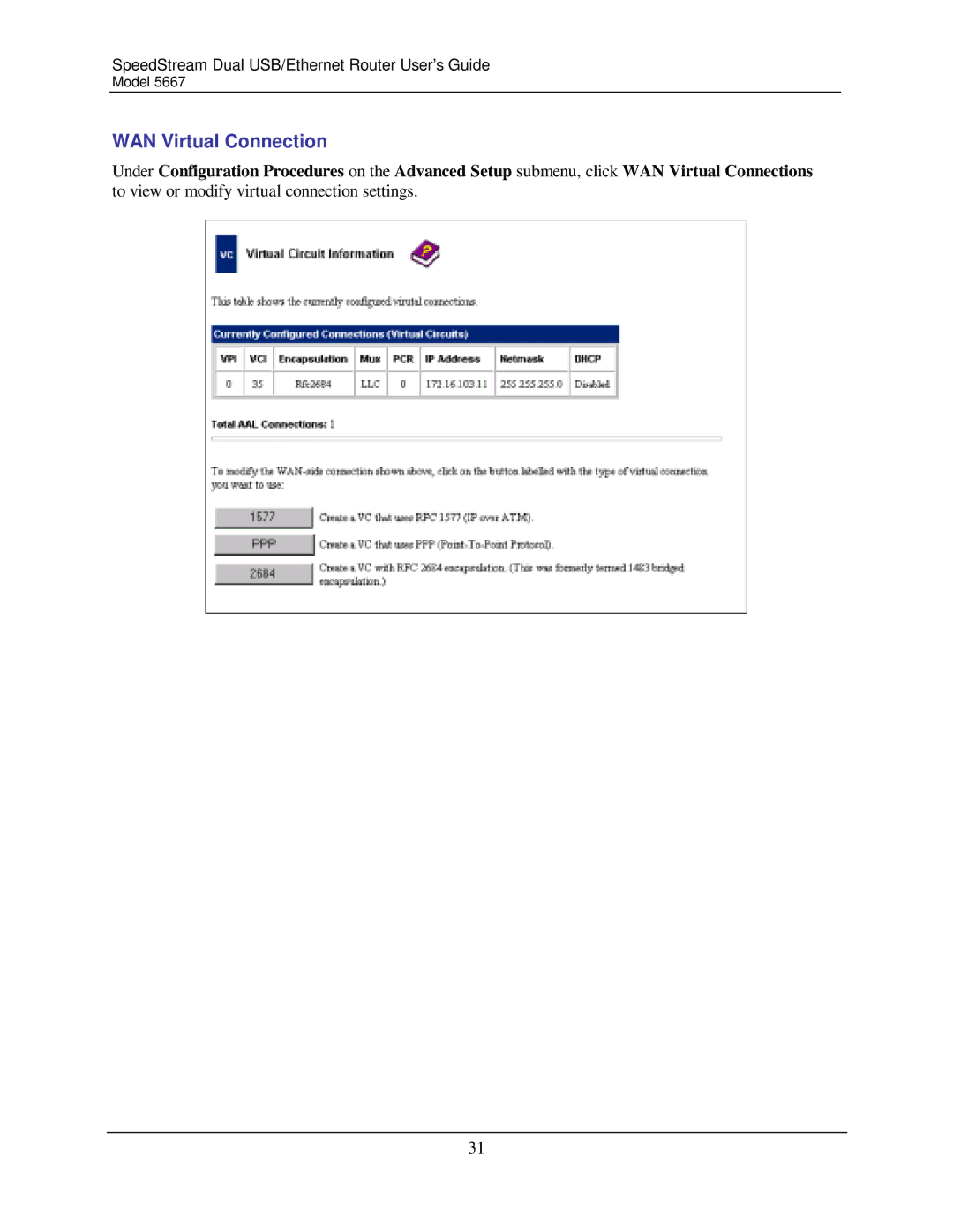 Efficient Networks 5667 manual WAN Virtual Connection 