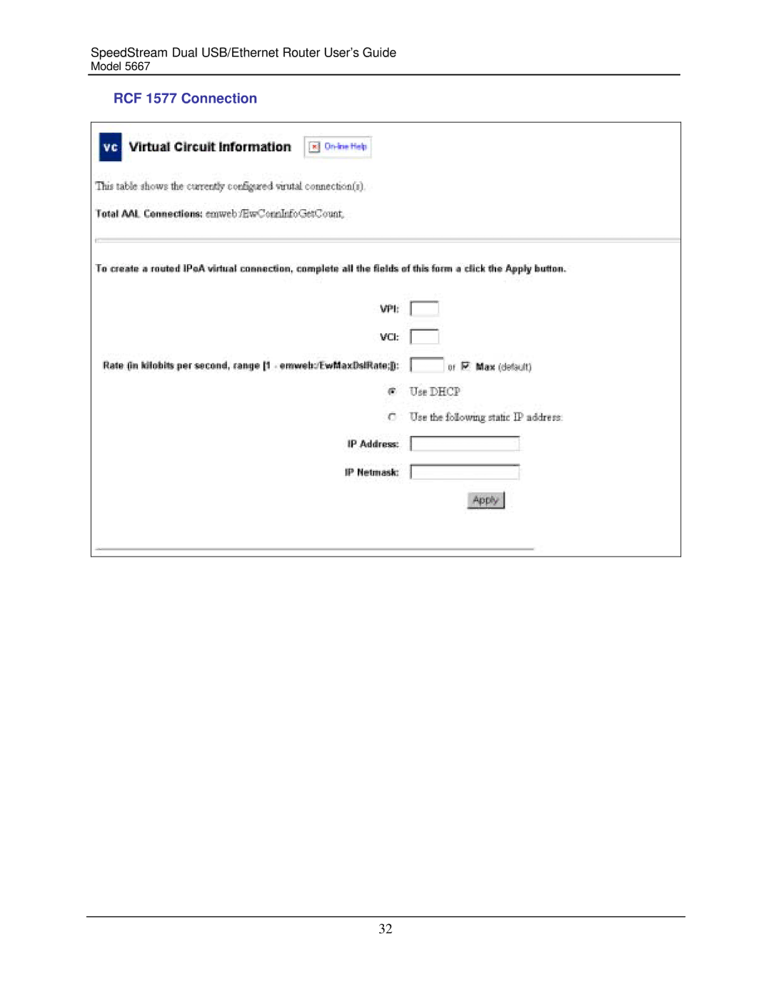 Efficient Networks 5667 manual RCF 1577 Connection 