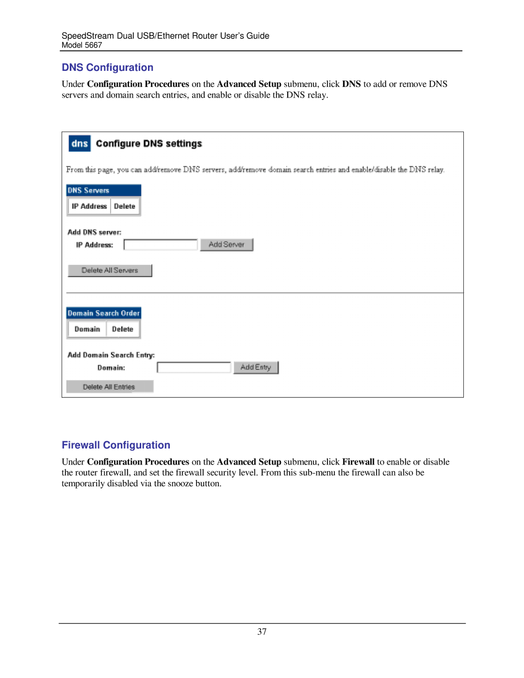 Efficient Networks 5667 manual DNS Configuration, Firewall Configuration 