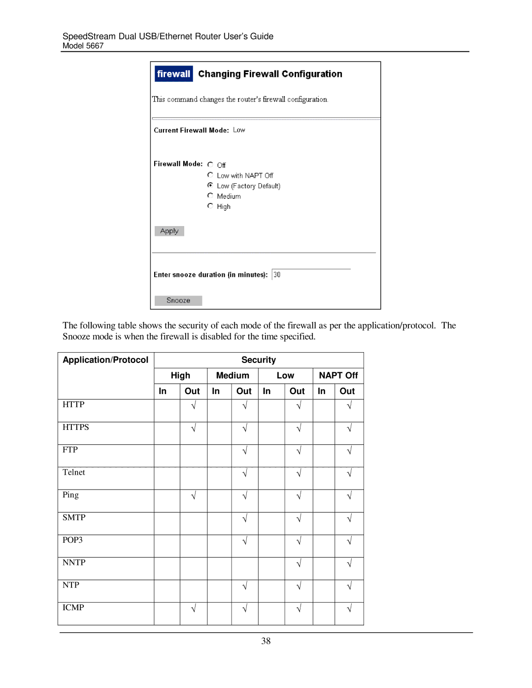 Efficient Networks 5667 manual Application/Protocol Security High Medium Low Napt Off Out 