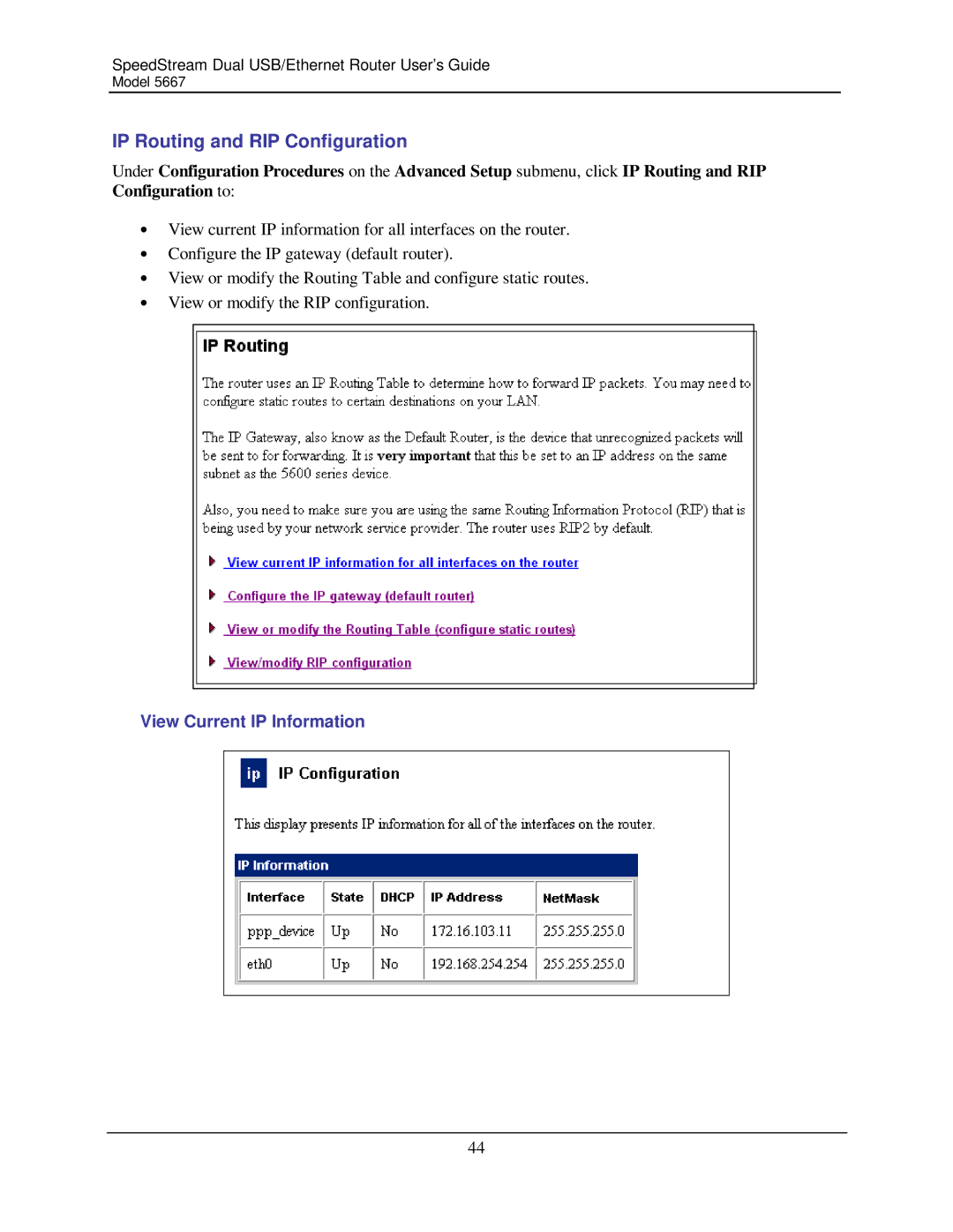 Efficient Networks 5667 manual IP Routing and RIP Configuration, View Current IP Information 