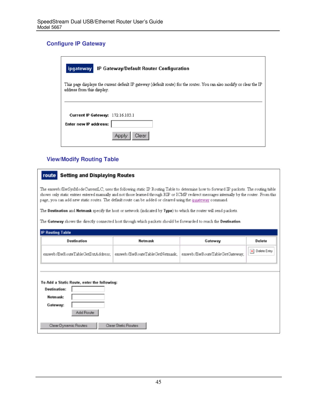 Efficient Networks 5667 manual Configure IP Gateway View/Modify Routing Table 