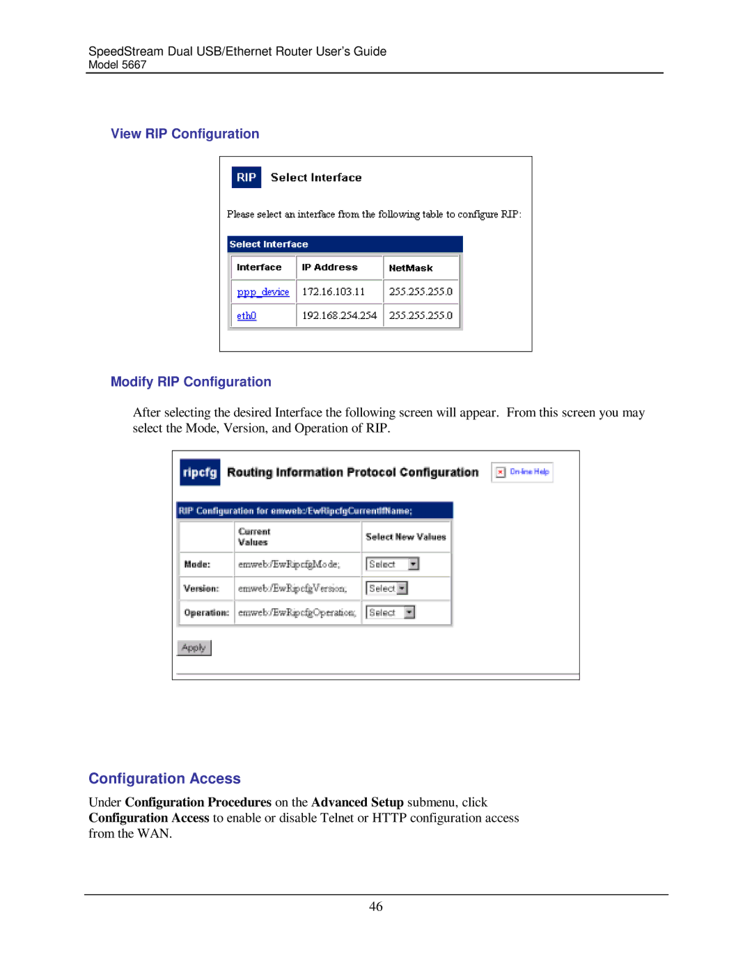 Efficient Networks 5667 manual Configuration Access, View RIP Configuration Modify RIP Configuration 