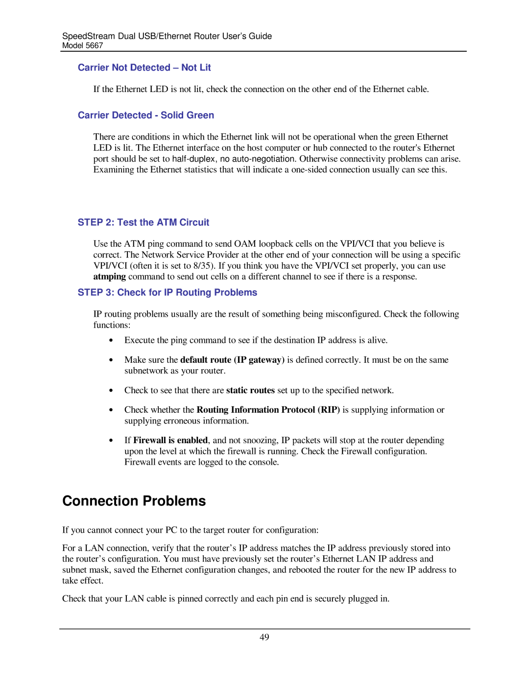 Efficient Networks 5667 manual Connection Problems, Carrier Not Detected Not Lit, Carrier Detected Solid Green 