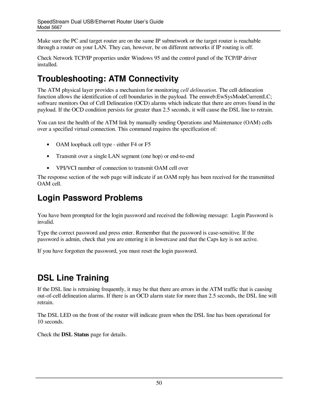 Efficient Networks 5667 manual Troubleshooting ATM Connectivity, Login Password Problems, DSL Line Training 