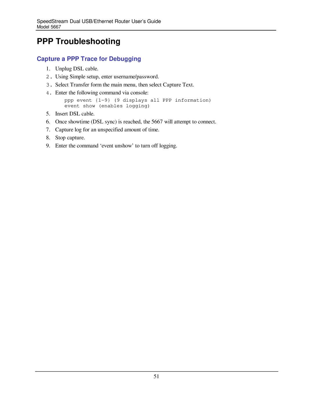 Efficient Networks 5667 manual PPP Troubleshooting, Capture a PPP Trace for Debugging 