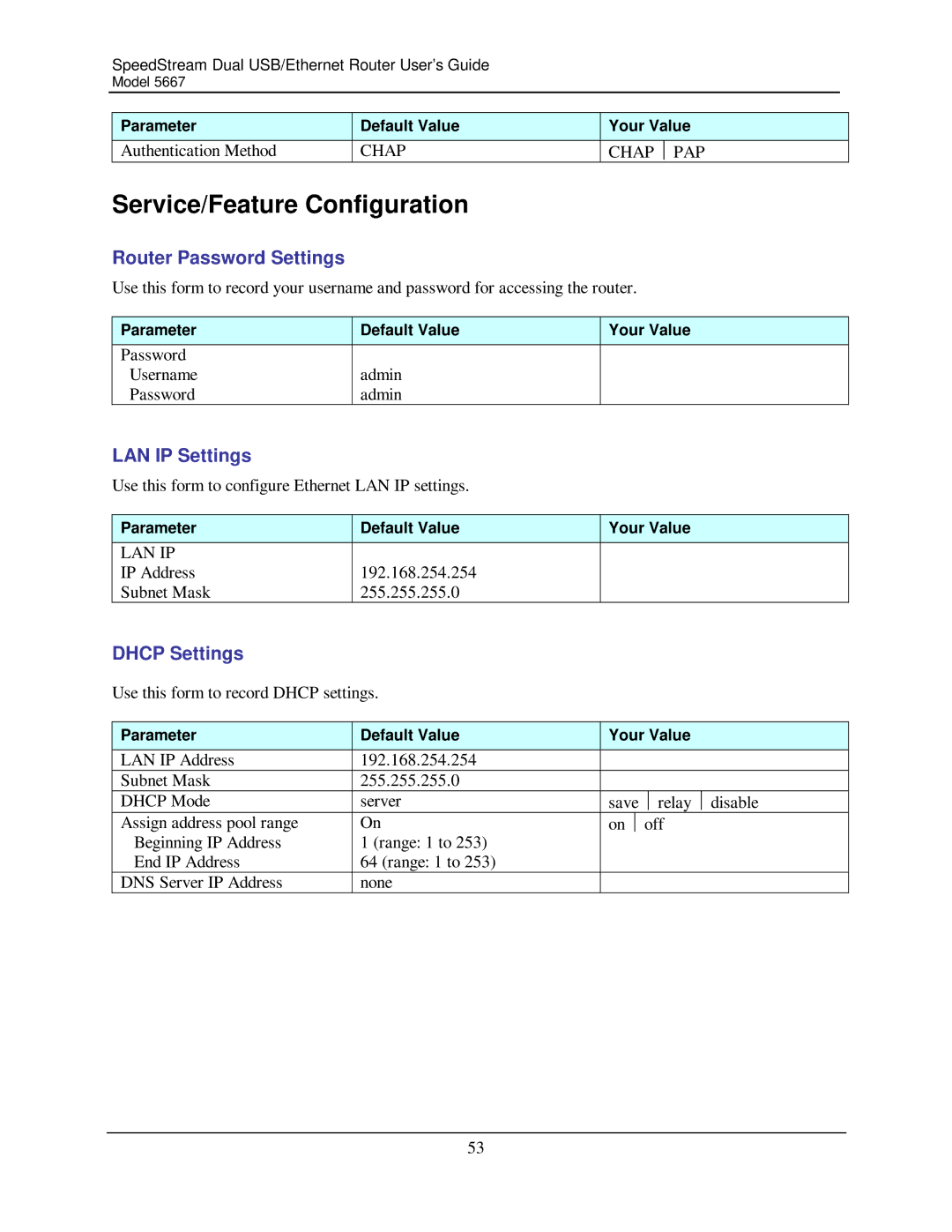 Efficient Networks 5667 manual Service/Feature Configuration, Router Password Settings, LAN IP Settings, Dhcp Settings 