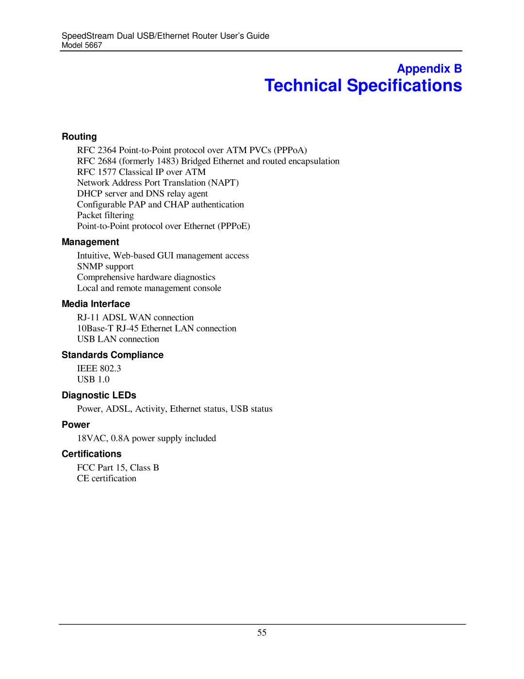 Efficient Networks 5667 manual Technical Specifications, Routing 