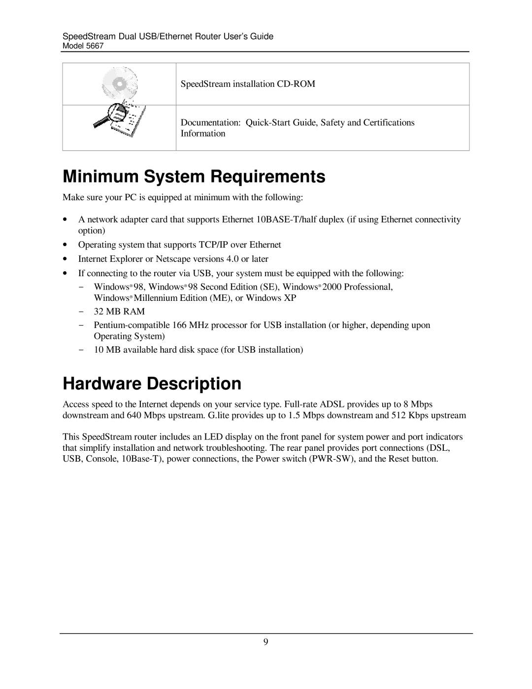 Efficient Networks 5667 manual Minimum System Requirements, Hardware Description 