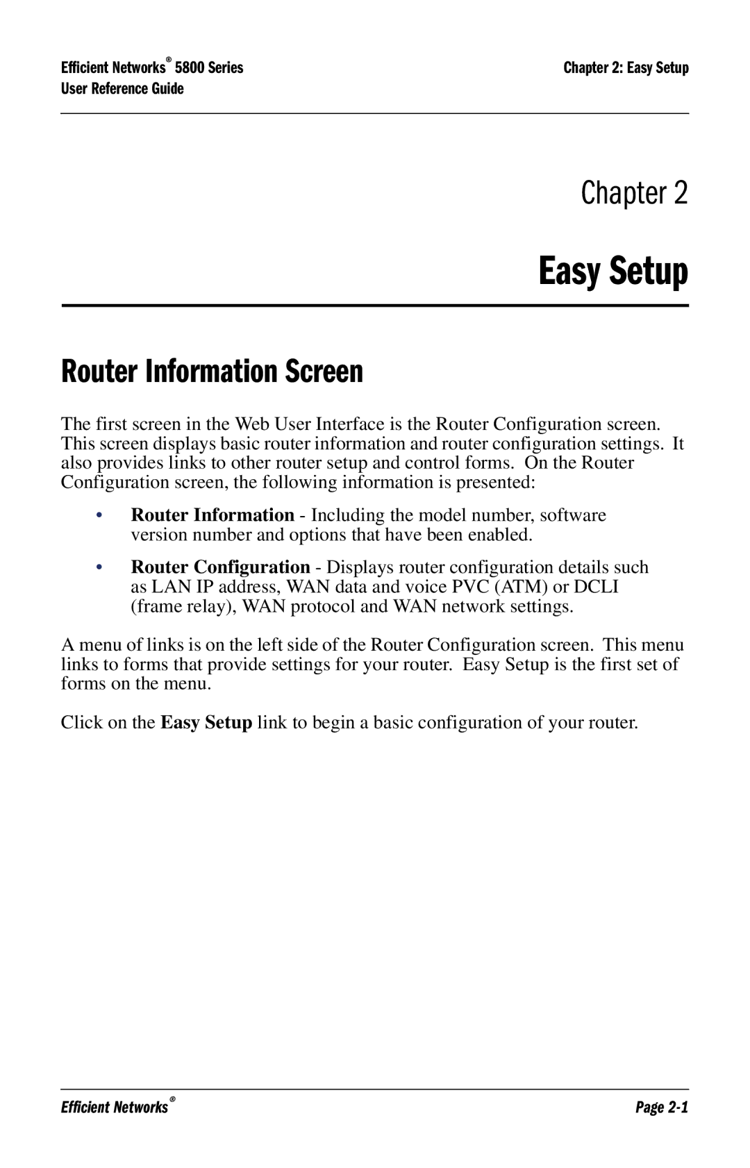 Efficient Networks 5800 manual Easy Setup, Router Information Screen 