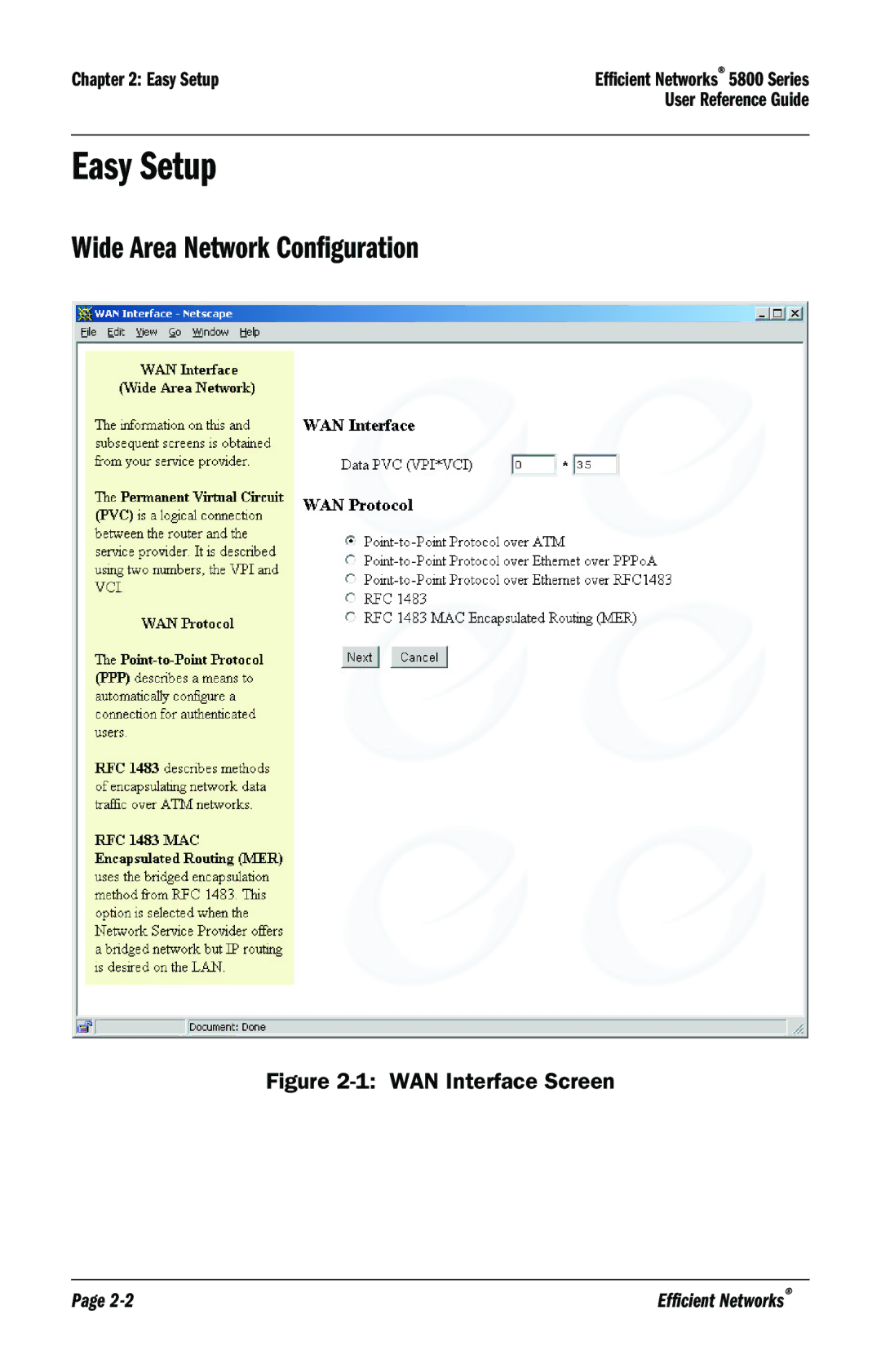 Efficient Networks 5800 manual Easy Setup, Wide Area Network Configuration 