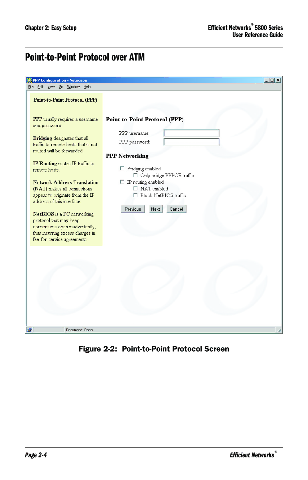 Efficient Networks 5800 manual Point-to-Point Protocol over ATM, Point-to-Point Protocol Screen 