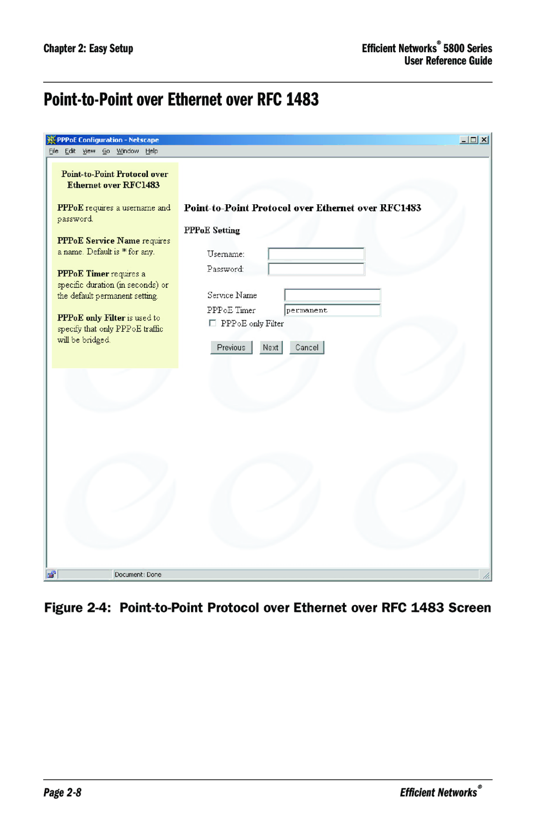 Efficient Networks 5800 Point-to-Point over Ethernet over RFC, Point-to-Point Protocol over Ethernet over RFC 1483 Screen 