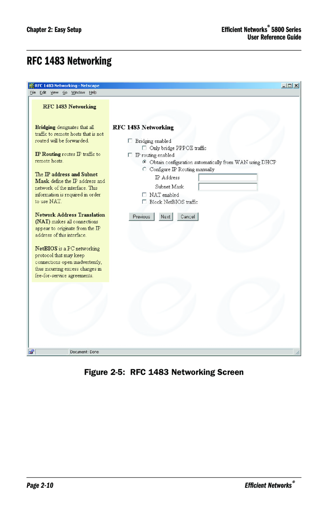 Efficient Networks 5800 manual RFC 1483 Networking Screen 