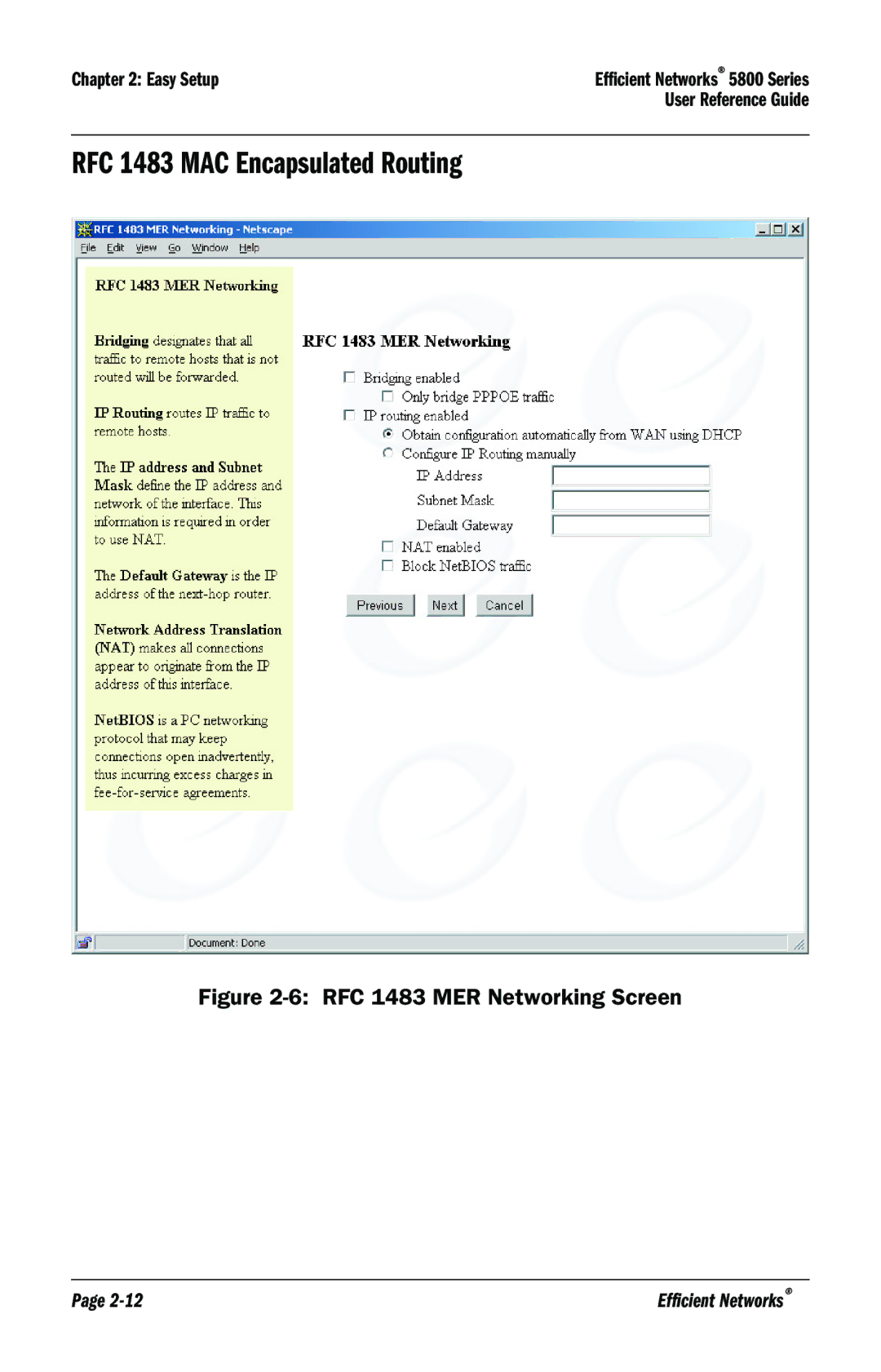 Efficient Networks 5800 manual RFC 1483 MAC Encapsulated Routing, RFC 1483 MER Networking Screen 