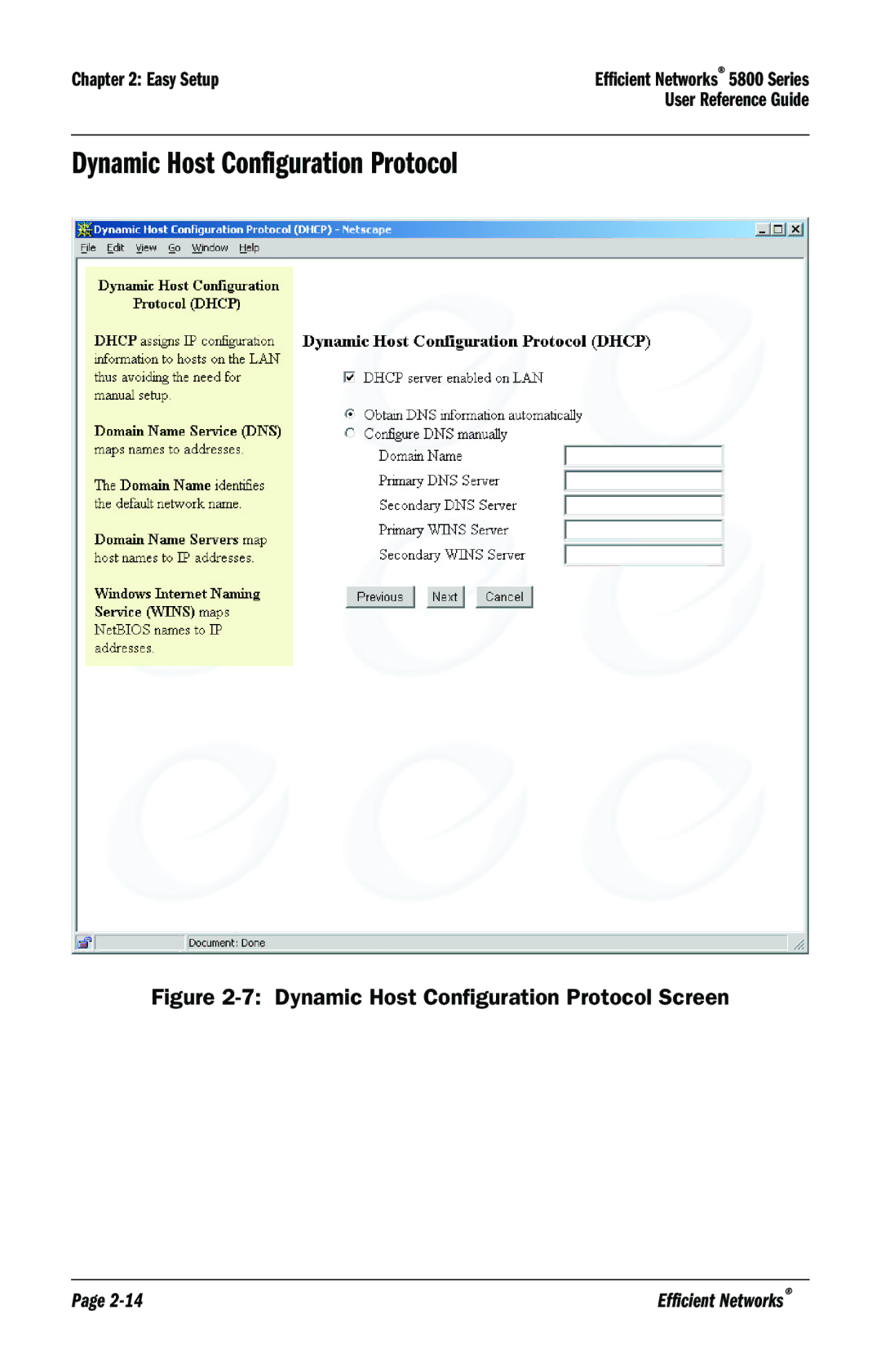 Efficient Networks 5800 manual Dynamic Host Configuration Protocol Screen 