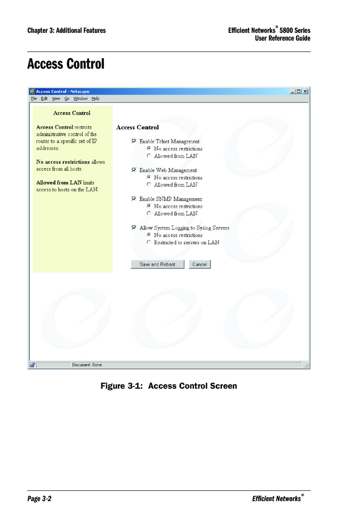 Efficient Networks 5800 manual Access Control Screen 