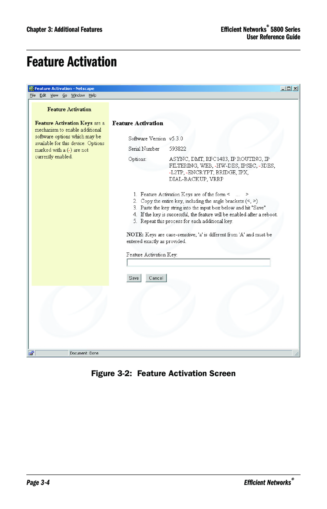 Efficient Networks 5800 manual Feature Activation Screen 